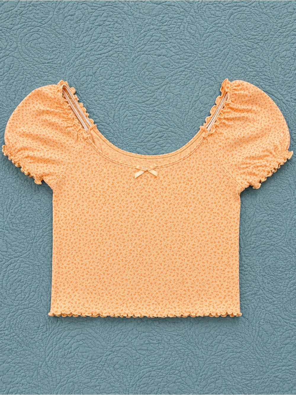 American Eagle Peach Floral Puff Sleeve Baby Tee Size Small Coquette Y2K